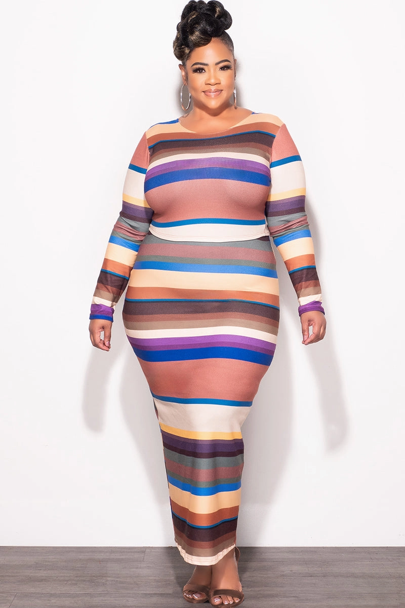 Final Sale Plus Size 2pc Long Sleeve Crop Top and Skirt Set in Multi Color Stripe Print Breathable fabric Layer Comfort