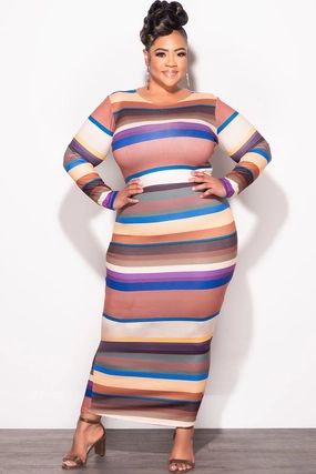 ComfortFit Adjustable Belt Loops Final Sale Plus Size 2pc Long Sleeve Crop Top and Skirt Set in Multi Color Stripe Print