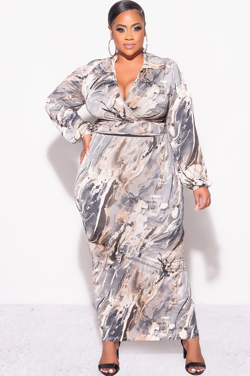 Final Sale Plus Size 2pc Long Sleeve Faux Wrap Collar Crop Tie Top and Skirt Set in Grey & Tan Multi Color Print Active Utility HiddenPockets