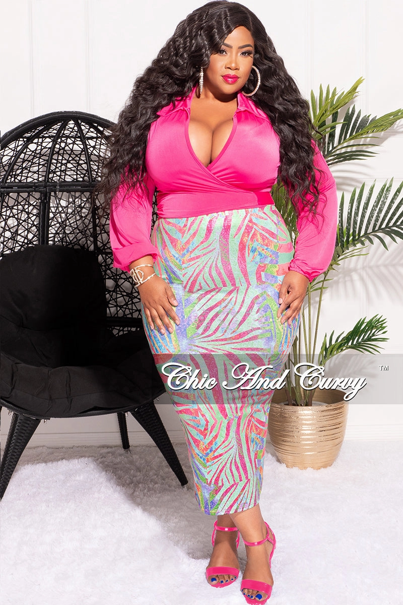 Final Sale Plus Size 2pc Long Sleeve Faux Wrap Collar Fuchsia Crop Tie Top and Skirt Set in Multi Color Print Light Shape