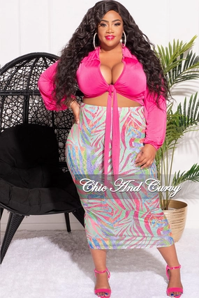 Final Sale Plus Size 2pc Long Sleeve Faux Wrap Collar Fuchsia Crop Tie Top and Skirt Set in Multi Color Print Urban Comfort MoistureWickingFabric