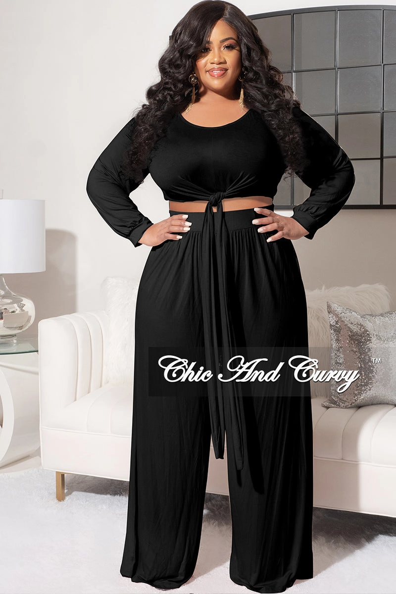 Final Sale Plus Size 2pc Long Sleeve Tie Top and Pants Set in Black Chilly Layering Laser Cut Perforations