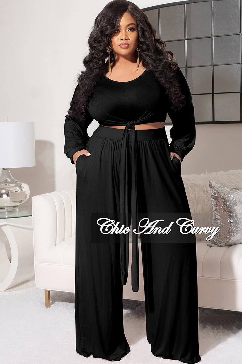 Flattering Shape Laser Cut Perforations Final Sale Plus Size 2pc Long Sleeve Tie Top and Pants Set in Black