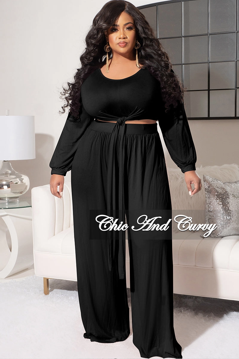 Final Sale Plus Size 2pc Long Sleeve Tie Top and Pants Set in Black DoubleLayeredFabric