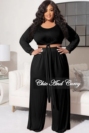 Final Sale Plus Size 2pc Long Sleeve Tie Top and Pants Set in Black Chilly Layering Laser Cut Perforations