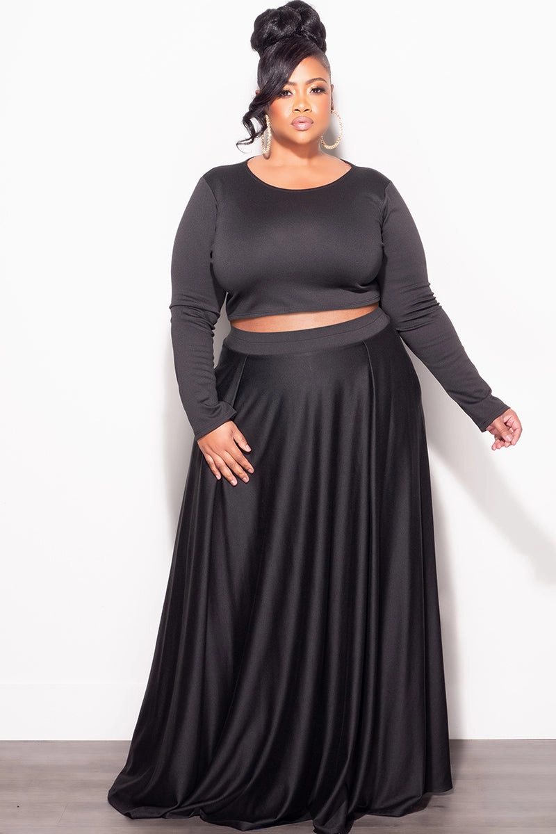Final Sale Plus Size 2pc Maxi Skirt Set with Round Neck in Black Modern Design All Around Fit