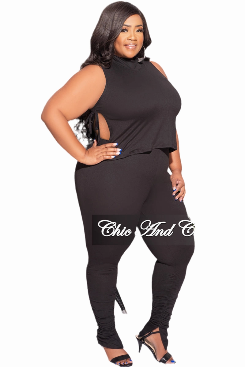 Sporty Touch Soft Fabric Final Sale Plus Size 2pc Mock Neck Side Knot Tie Crop Top and Ruched Pants Set in Black