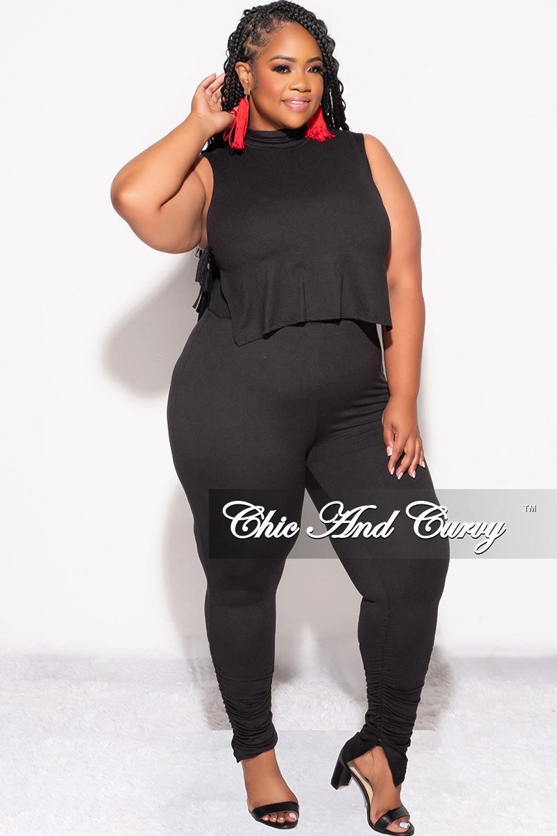 Final Sale Plus Size 2pc Mock Neck Side Knot Tie Crop Top and Ruched Pants Set in Black Comfort Wear Fit