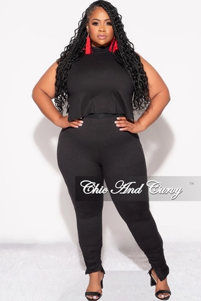 Mid Rise Final Sale Plus Size 2pc Mock Neck Side Knot Tie Crop Top and Ruched Pants Set in Black