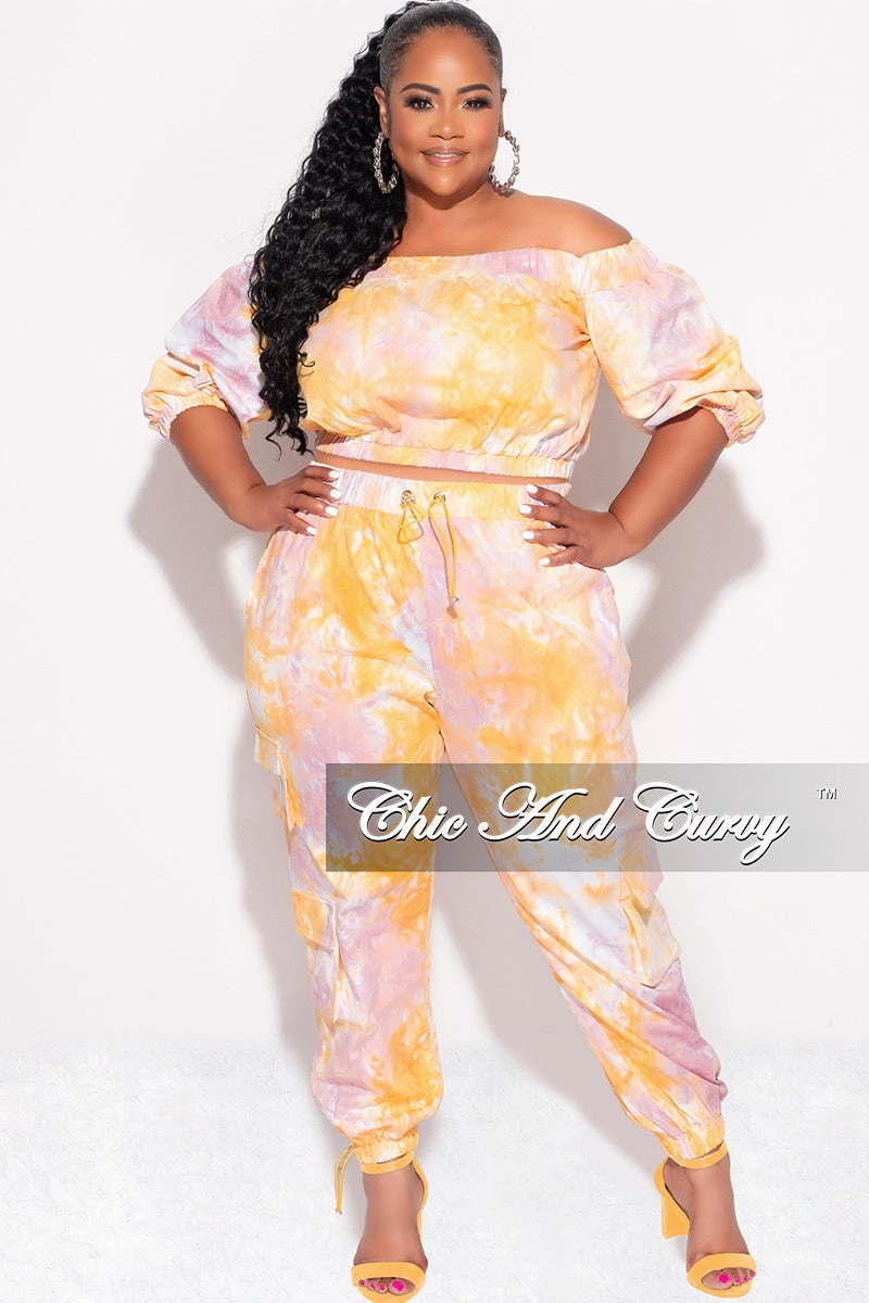 Final Sale Plus Size 2pc Off the Shoulder Crop Top & Cargo Pants in Pink & Orange Basic Stretch