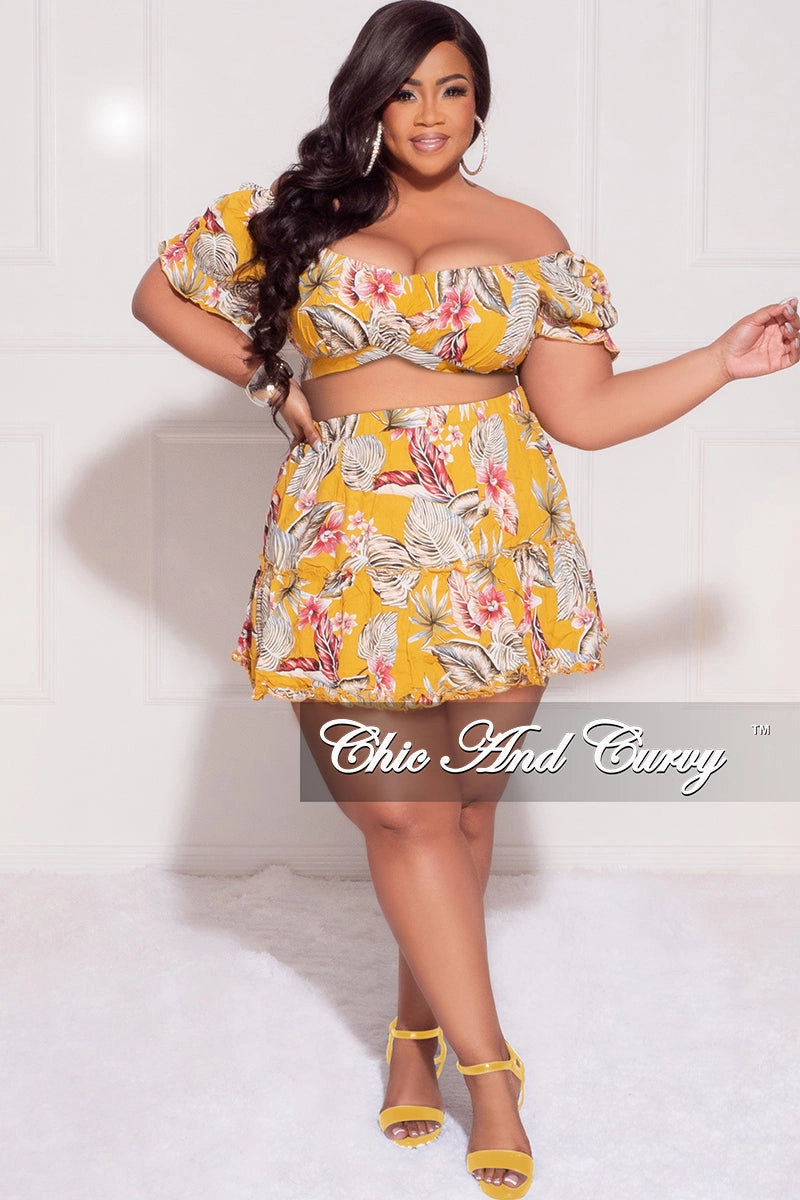 Stay Comfortable Minimal Design Final Sale Plus Size 2pc Off the Shoulder Crop Top and Skirt Set in Mustard Floral Print