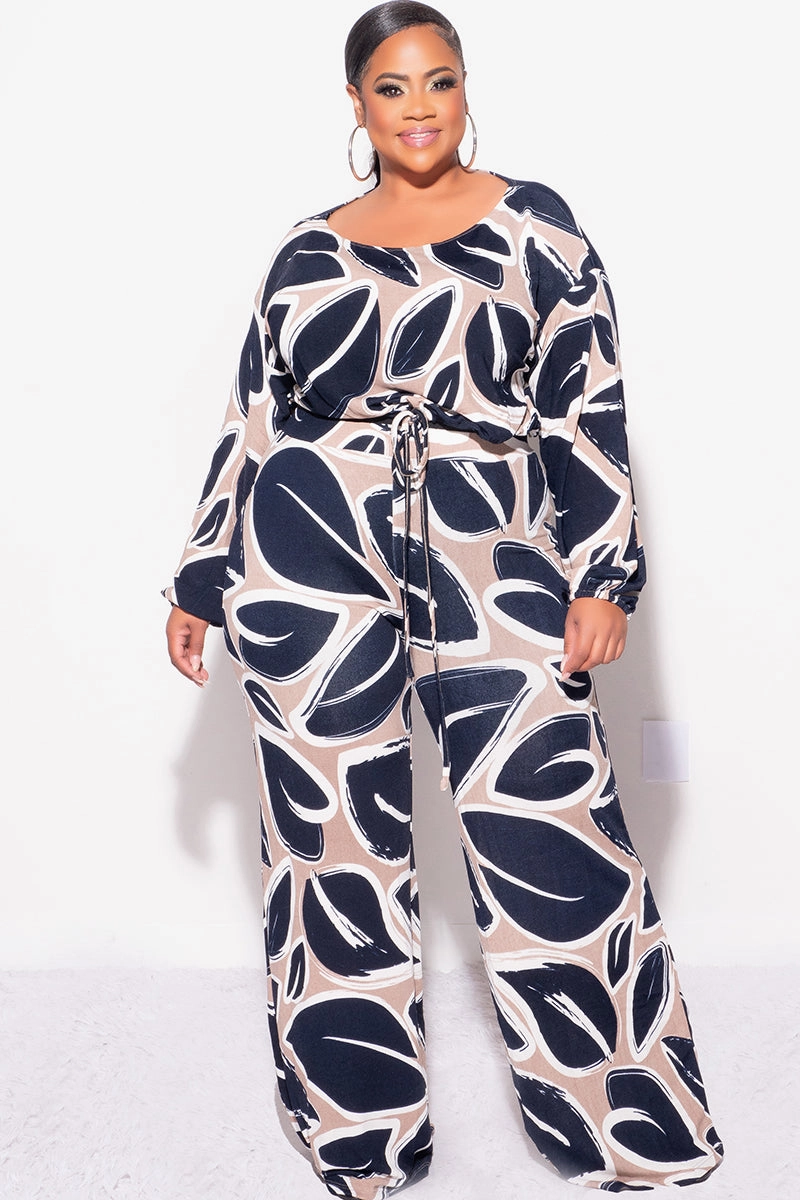 Final Sale Plus Size 2pc Off the Shoulder Knit Loose Fit Crop Tie Top and Palazzo Pants Set in Navy and Tan Air Comfort