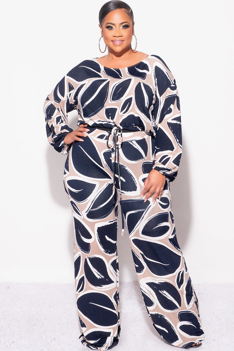 Casual Comfort Core Utility Final Sale Plus Size 2pc Off the Shoulder Knit Loose Fit Crop Tie Top and Palazzo Pants Set in Navy and Tan