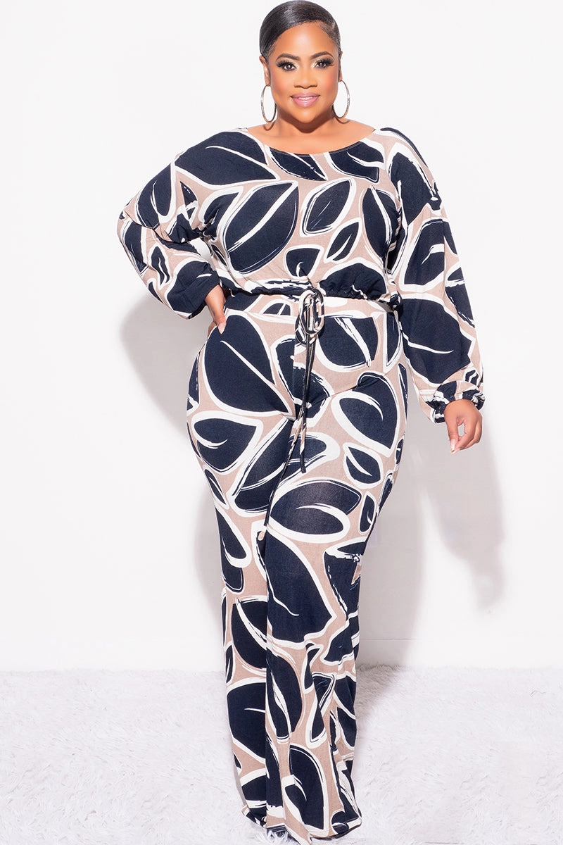 Final Sale Plus Size 2pc Off the Shoulder Knit Loose Fit Crop Tie Top and Palazzo Pants Set in Navy and Tan NonRestrictiveCut