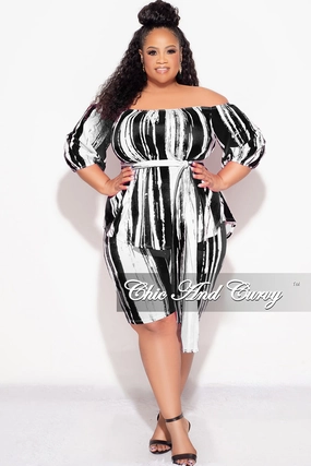 Final Sale Plus Size 2pc Off the Shoulder Peplum Top and Bermuda Shorts Set in Black and White Quality Material