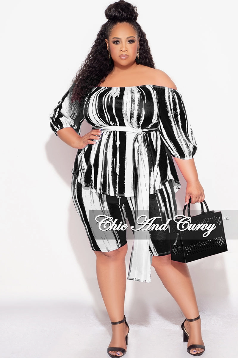 Layered Protection Easy Care Fabric Final Sale Plus Size 2pc Off the Shoulder Peplum Top and Bermuda Shorts Set in Black and White