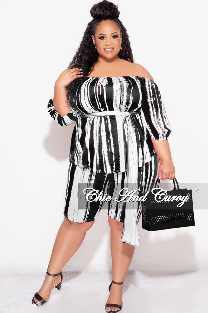 Body Ready Final Sale Plus Size 2pc Off the Shoulder Peplum Top and Bermuda Shorts Set in Black and White