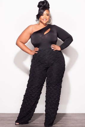 Tailored Wear Final Sale Plus Size 2pc One Shoulder Cutout Bodysuit Top and Pants Set in Black