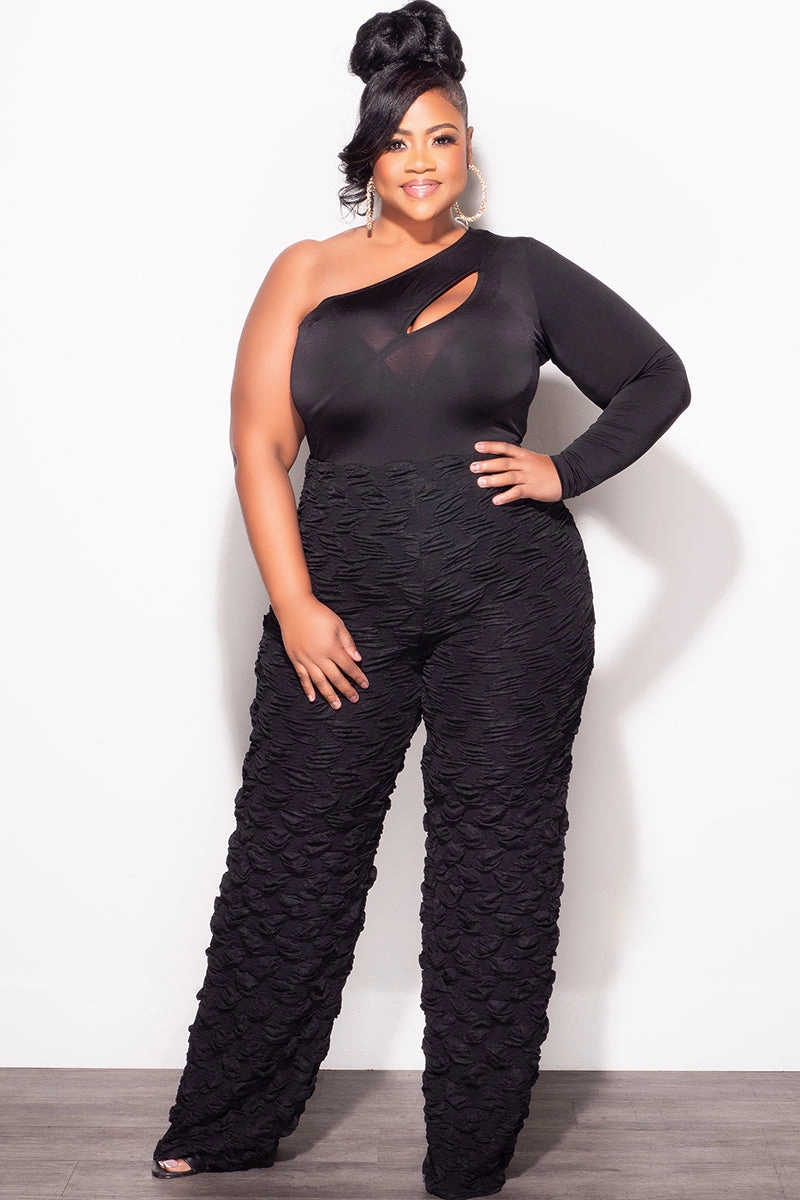 Final Sale Plus Size 2pc One Shoulder Cutout Bodysuit Top and Pants Set in Black Cozy Essentials