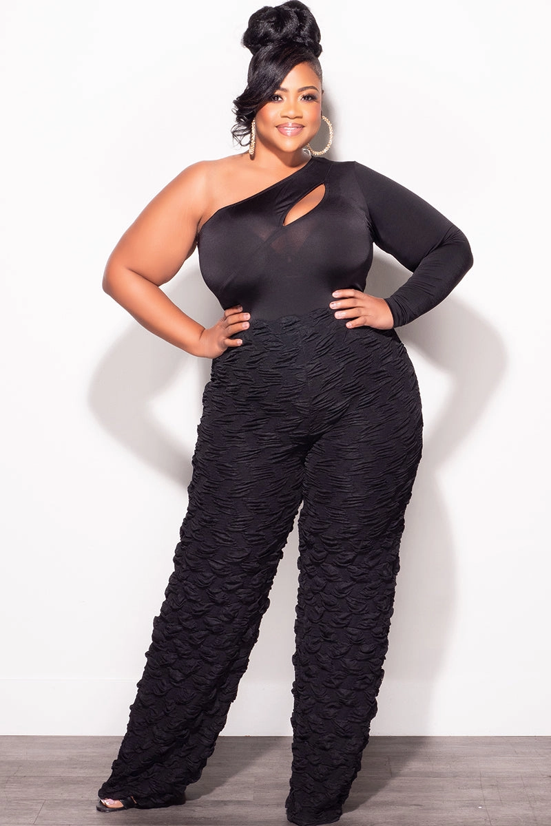 Tailored Wear Final Sale Plus Size 2pc One Shoulder Cutout Bodysuit Top and Pants Set in Black