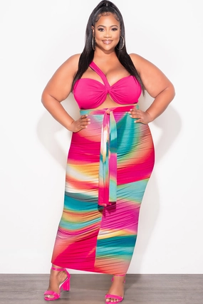 clean design Functional Layer Final Sale Plus Size 2pc One Shoulder Twist Front Bra Top and Skirt in Fuchsia Multi Color Tie Dye Print