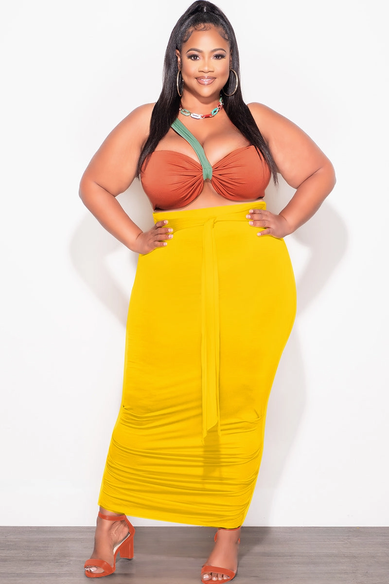 Final Sale Plus Size 2pc One Shoulder Twist Front Crop Top and Ruched Skirt in Yellow Dark Rust and Green Quick Movement Wear