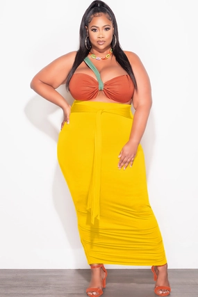 Final Sale Plus Size 2pc One Shoulder Twist Front Crop Top and Ruched Skirt in Yellow Dark Rust and Green Comfortable Wear Flex Wear Design