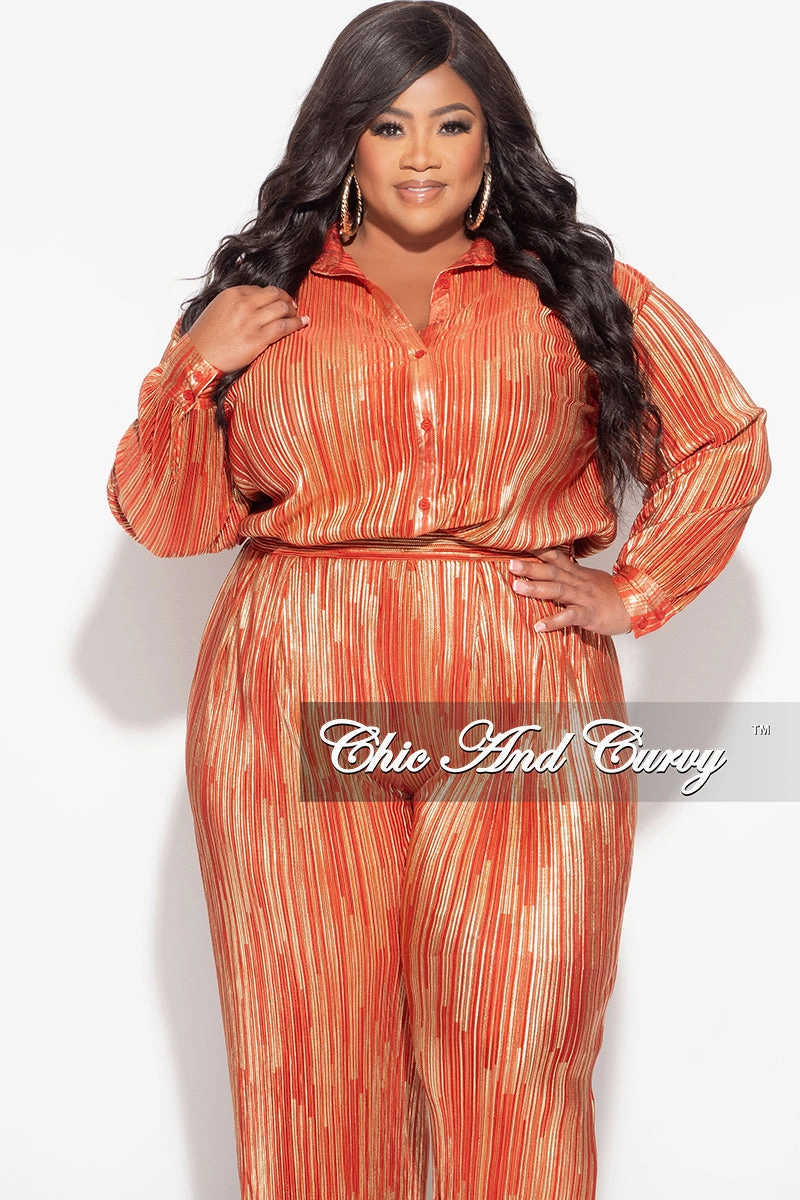 Final Sale Plus Size 2pc Oversized Collar Button Up Top and Palazzo Pleated Pants in 2pc Set Rust and Gold Quick Move