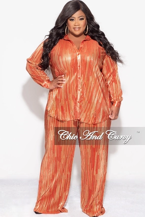 Final Sale Plus Size 2pc Oversized Collar Button Up Top and Palazzo Pleated Pants in 2pc Set Rust and Gold No Iron