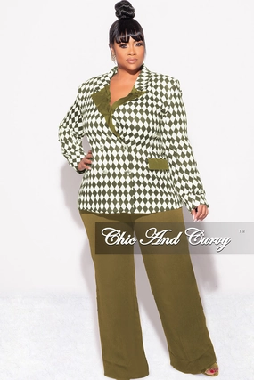 Commuter Ready Mesh Panel Final Sale Plus Size 2pc Pants Suit in Olive and White Diamond Print