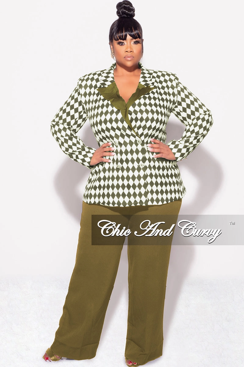 Stretch Material Final Sale Plus Size 2pc Pants Suit in Olive and White Diamond Print