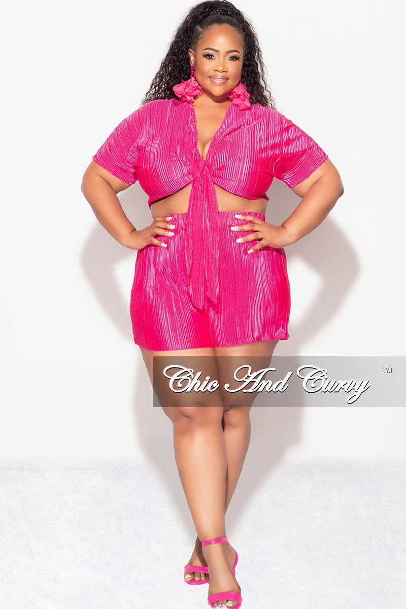 Active Lifestyle Final Sale Plus Size 2pc Pleated Crop Tie Top & Short Set in Fuchsia