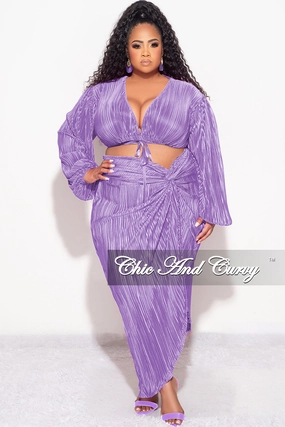 Adaptive Fit Quick Dry Wear Final Sale Plus Size 2pc Pleated Crop Tie Top & Wrap Skirt Set in Lavender