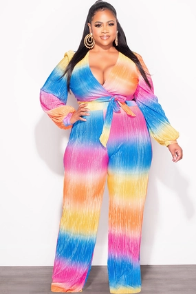 Final Sale Plus Size 2pc Pleated Faux Wrap Bow Tie Top and Pants Set in Fuchsia Orange and Mustard and Royal Blue HypoallergenicMaterial StretchMaterial