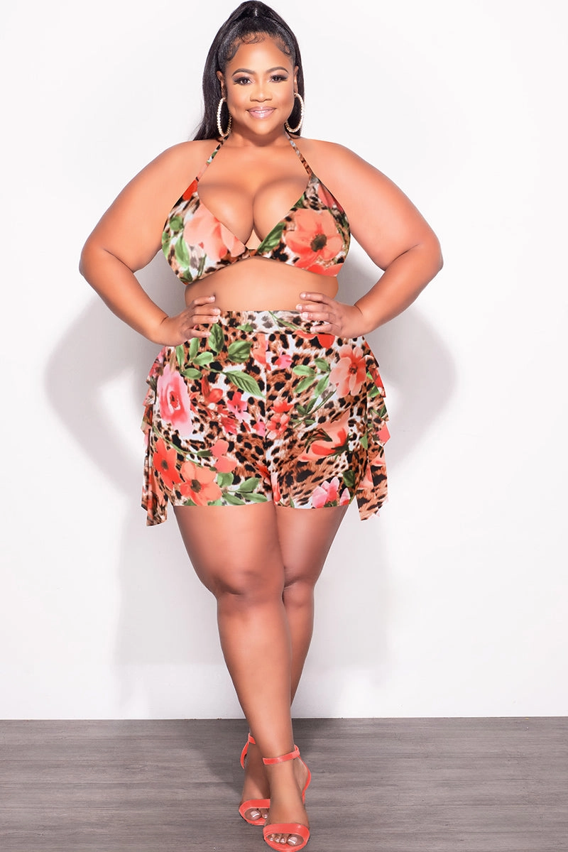 Final Sale Plus Size 2pc Poolside Playsuit (Bikini Top & High Waist Shorts) Set in Animal Print TearResistantPanels