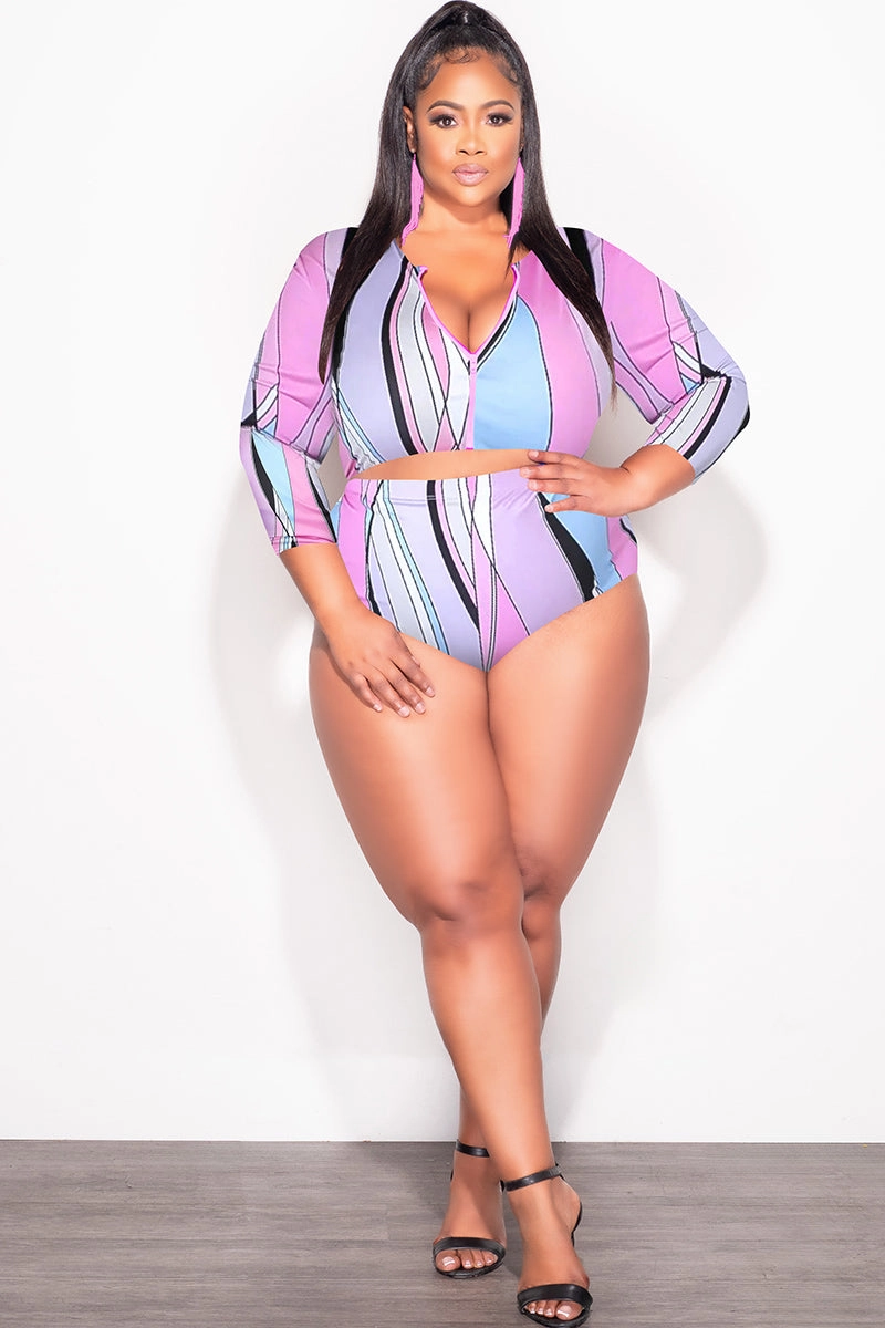 Final Sale Plus Size 2Pc Poolside Playsuit Set in Pink & Blue Print Air Circulation Stretch Material