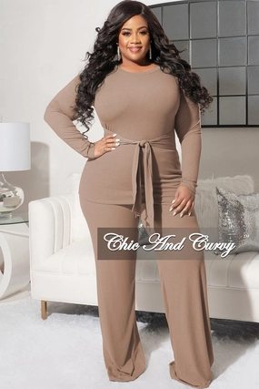 Final Sale Plus Size 2pc Ribbed Long Sleeve Top and Pants Set in Mocha NoBuckleDesign