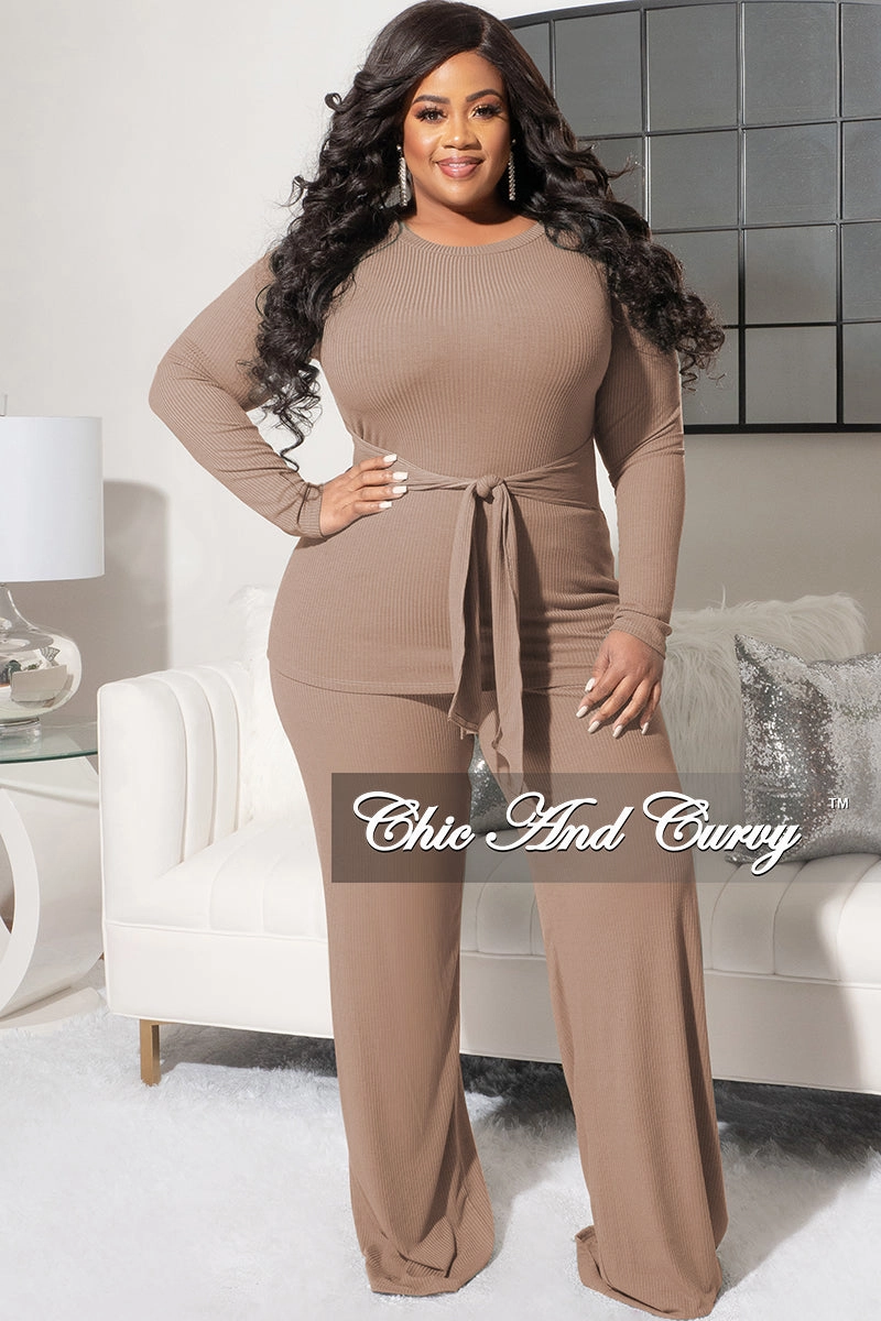 Final Sale Plus Size 2pc Ribbed Long Sleeve Top and Pants Set in Mocha NoBuckleDesign