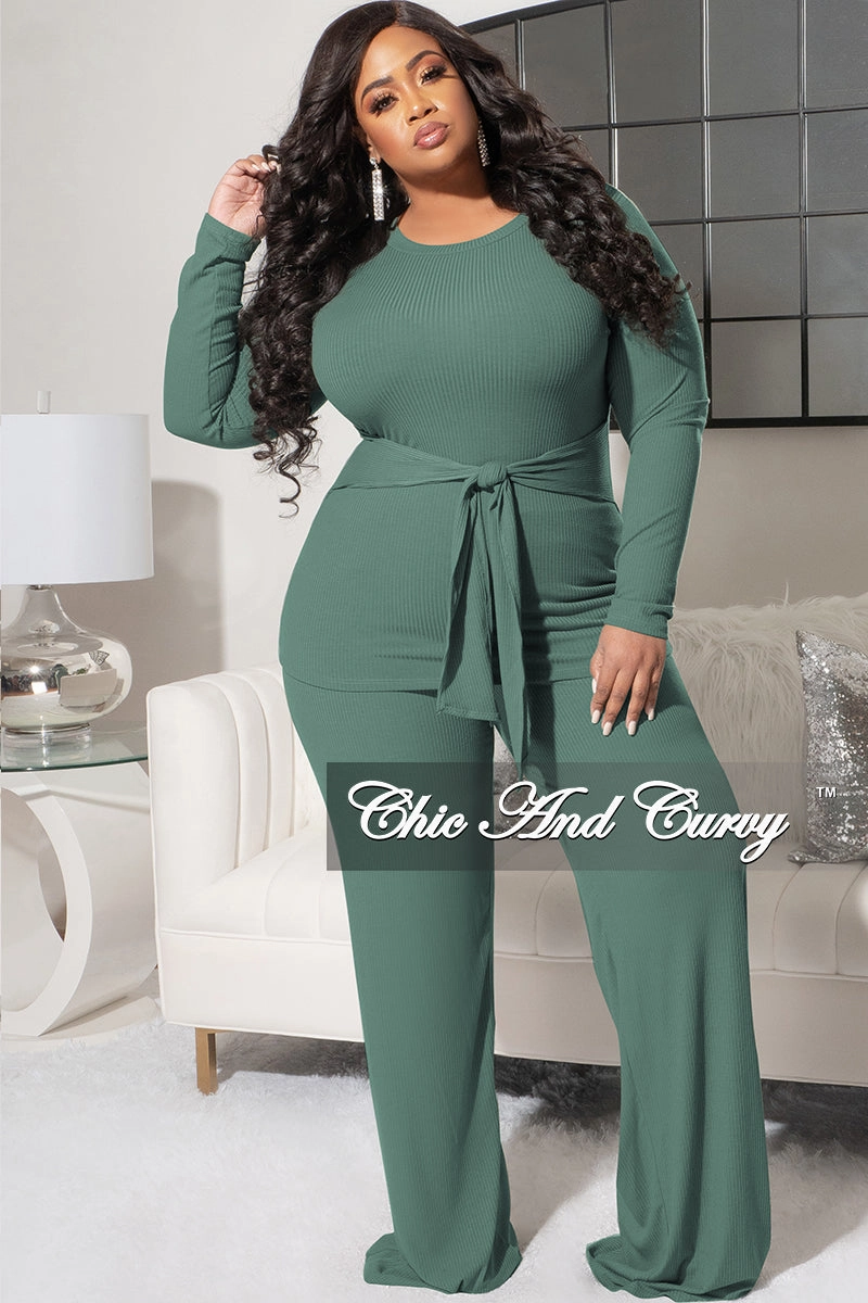 Final Sale Plus Size 2pc Ribbed Long Sleeve Top and Pants Set in Sage Adjustable Drawcord