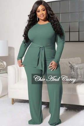 Cozy Layer Chilly Weather Comfort Final Sale Plus Size 2pc Ribbed Long Sleeve Top and Pants Set in Sage