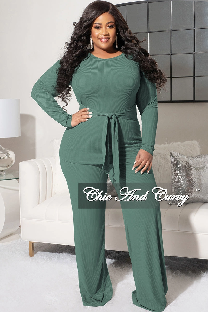 Final Sale Plus Size 2pc Ribbed Long Sleeve Top and Pants Set in Sage Trail Ready