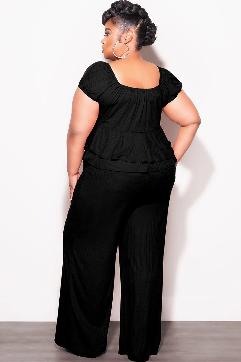 Body Ready High Rise Final Sale Plus Size 2pc Ribbed Peplum Top and Pants Set in Black