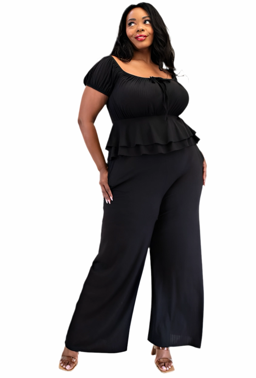 Final Sale Plus Size 2pc Ribbed Peplum Top and Pants Set in Black Sporty Layer Cozy Essentials