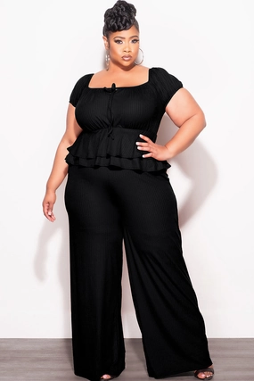 NonRestrictiveCut Final Sale Plus Size 2pc Ribbed Peplum Top and Pants Set in Black