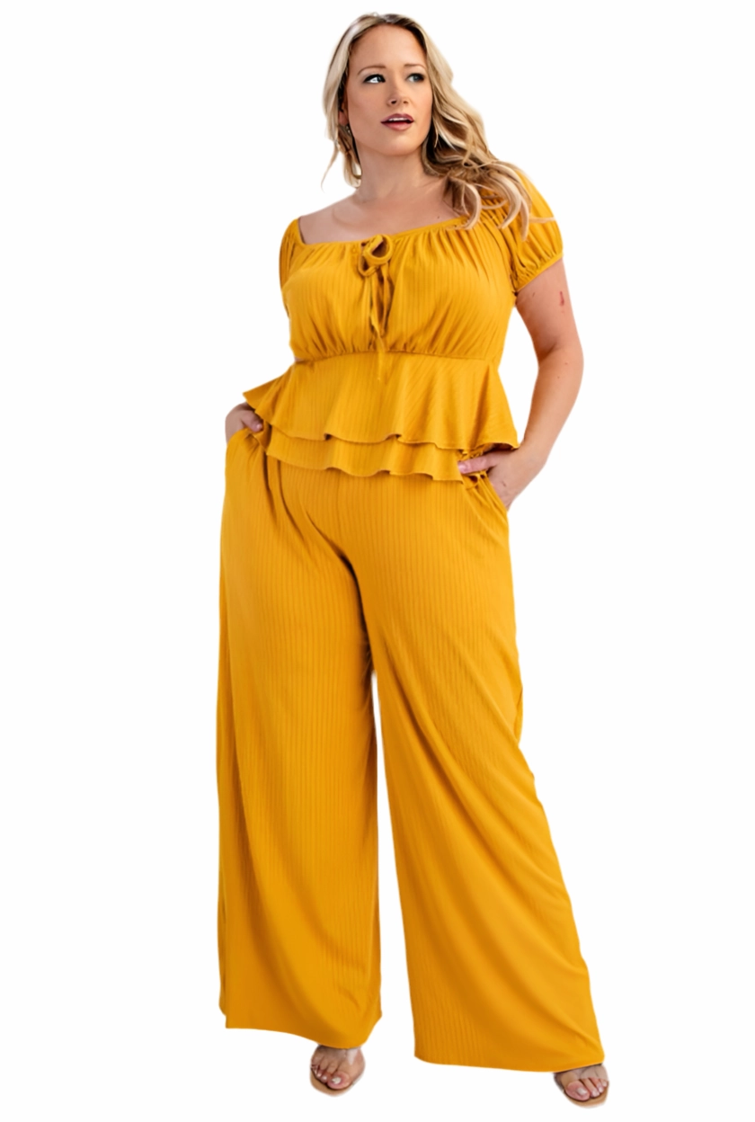 Smart Style Final Sale Plus Size 2pc Ribbed Peplum Top and Pants Set in Mustard
