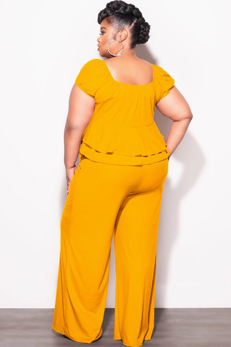 Final Sale Plus Size 2pc Ribbed Peplum Top and Pants Set in Mustard Comfortable Movement Anti Chafe Lining