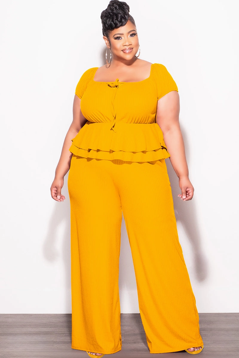 Final Sale Plus Size 2pc Ribbed Peplum Top and Pants Set in Mustard ElasticCuffs