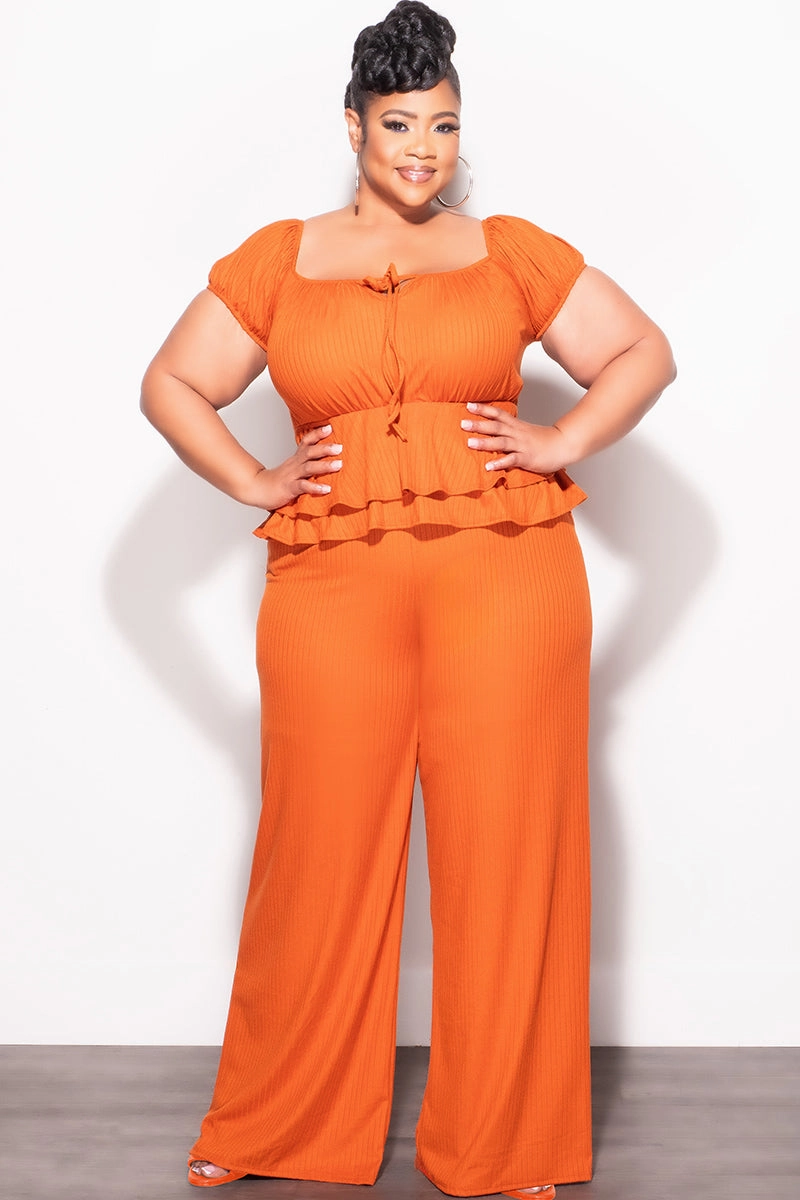 Final Sale Plus Size 2pc Ribbed Peplum Top and Pants Set in Orange Light Waist