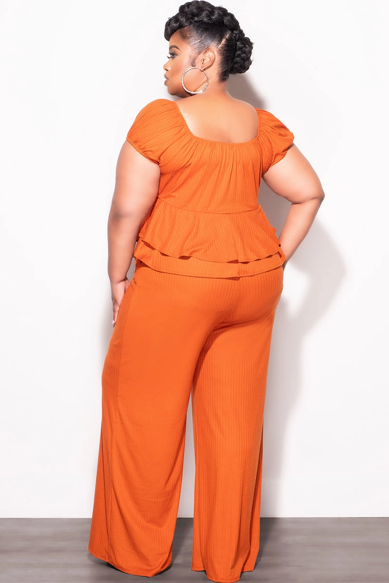 Final Sale Plus Size 2pc Ribbed Peplum Top and Pants Set in Orange Essential Comfort Thermal Lining