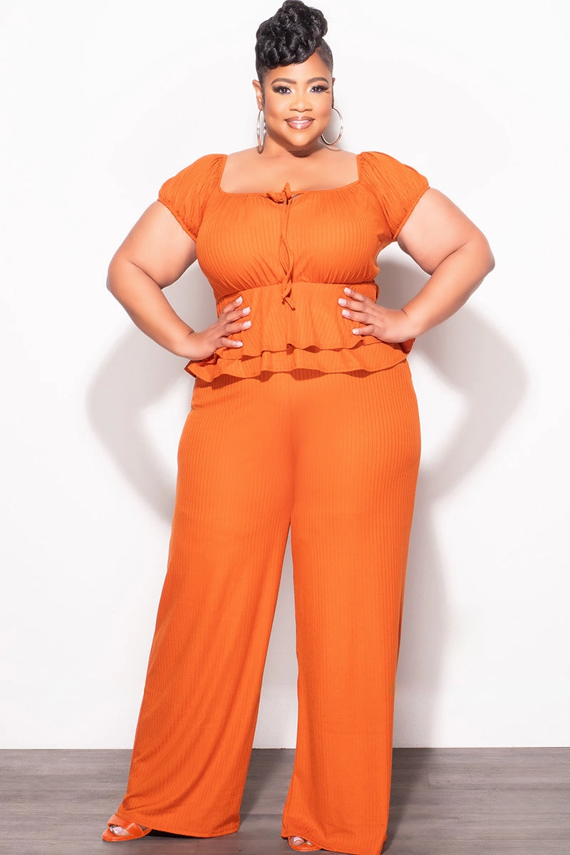 Final Sale Plus Size 2pc Ribbed Peplum Top and Pants Set in Orange Durable Comfort